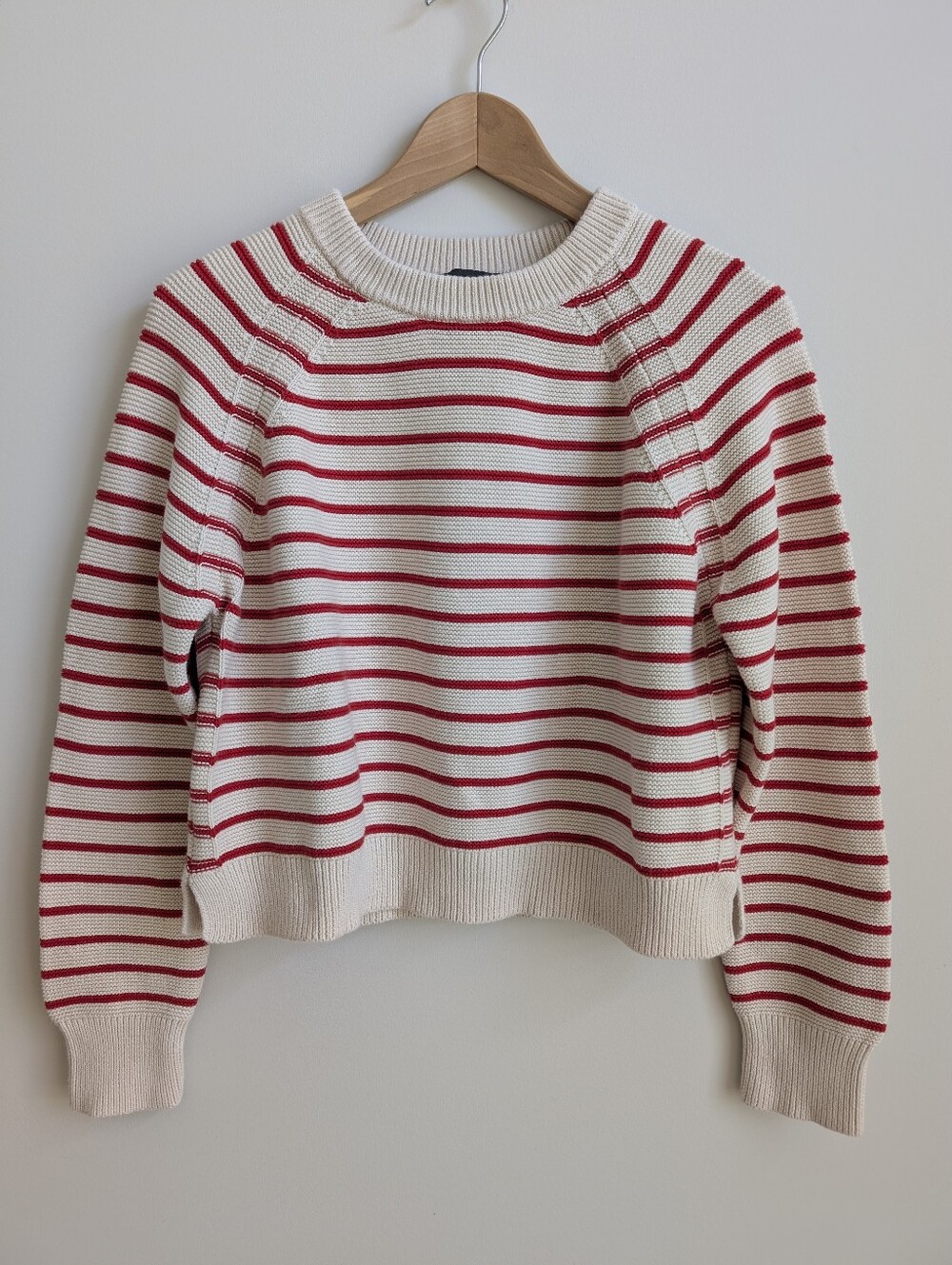 French Connection 100% Cotton Cropped Cream Red Striped Crewneck Sweater Large